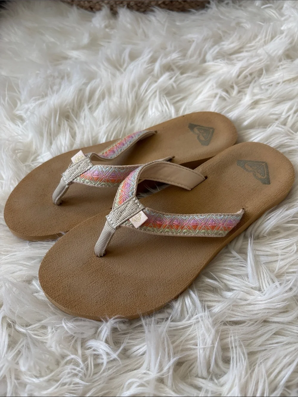 Roxy Women's Tan Footbed Flip Flops with Pastel Multicolor Straps